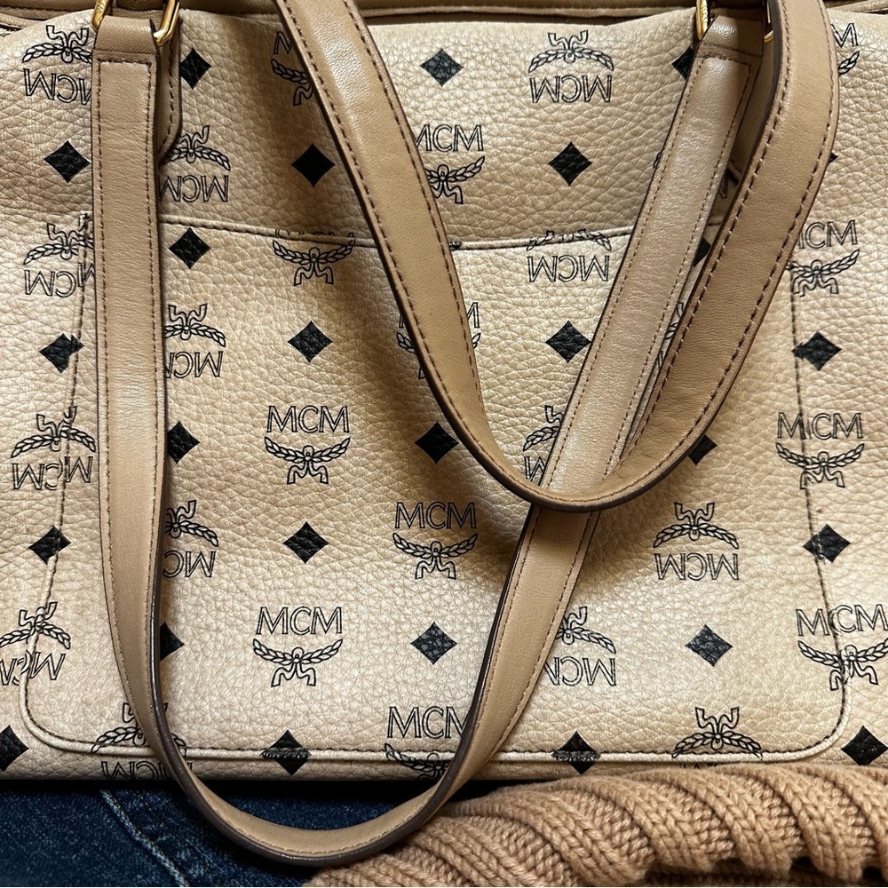 MCM Visetos Authentic Striped Tote Shoulder Bag | Beige Tan Pink| MED LG /DAMAGE - Picture 6 of 17